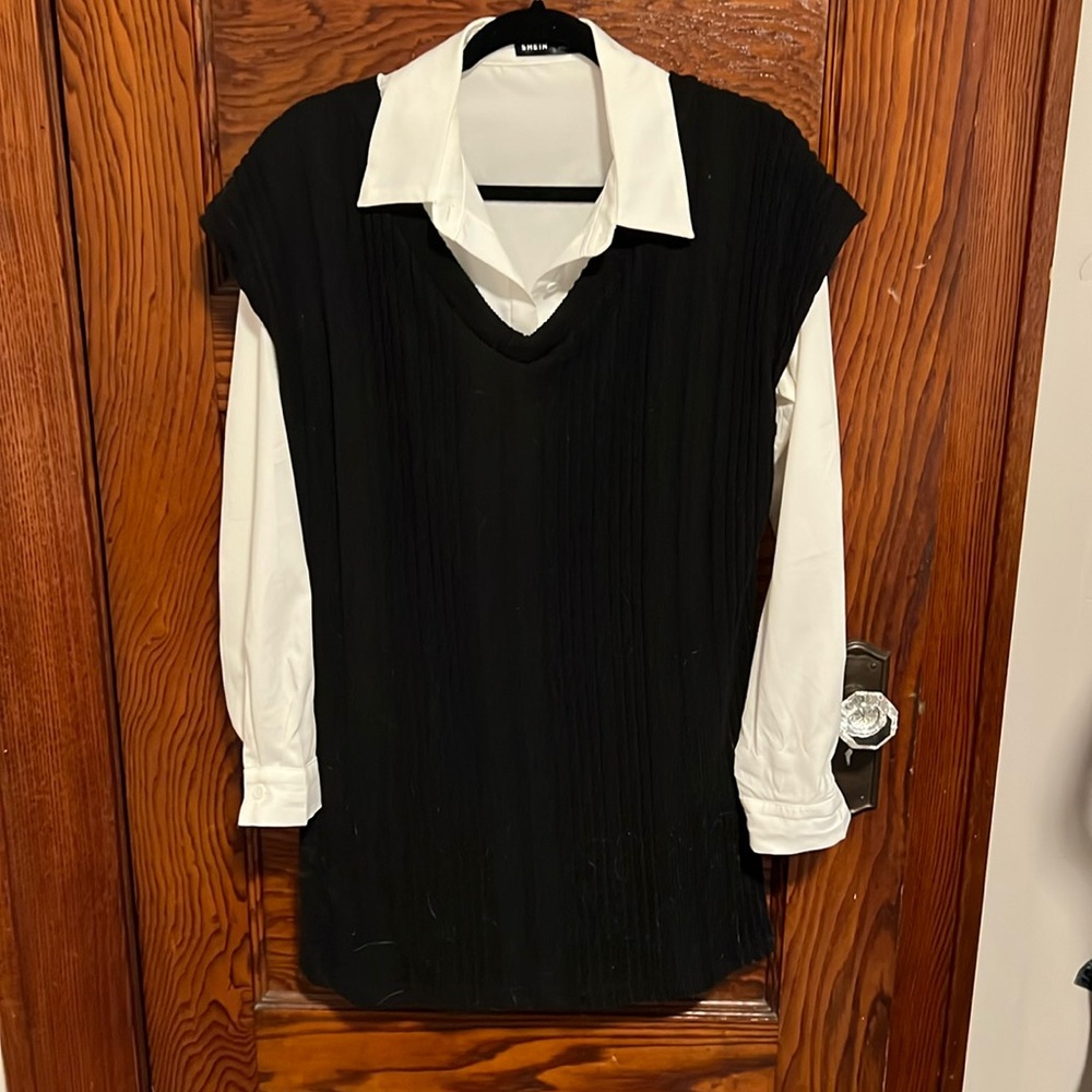 Two piece button down shirt and sweater vest dress set